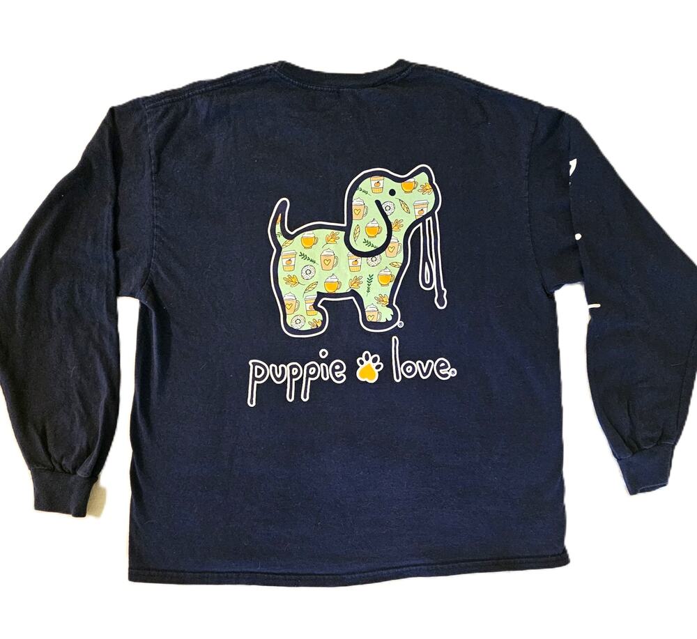 Puppie Love Womens XL Long Sleeve Shirt Fall Pumpkin Coffee Dog Graphic